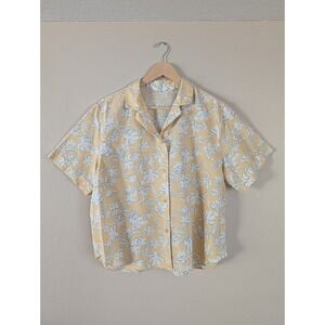 Uniqlo Butter Yellow Camp Shirt Floral Linen Rayon Button Up Summer Relaxed Sz L